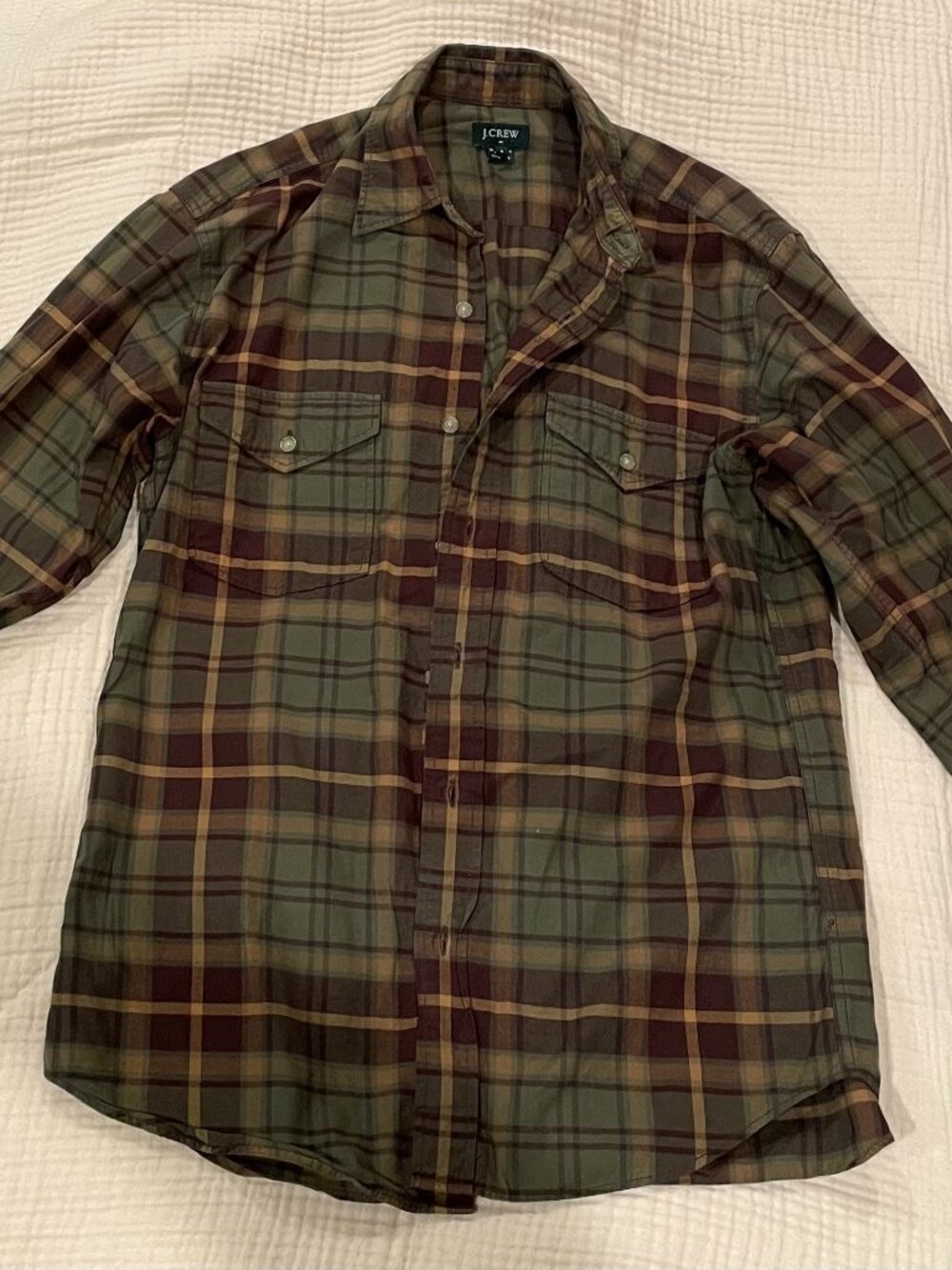 J. Crew Men's Small Plaid Button-Down Shirt - Green, Brown, Cream